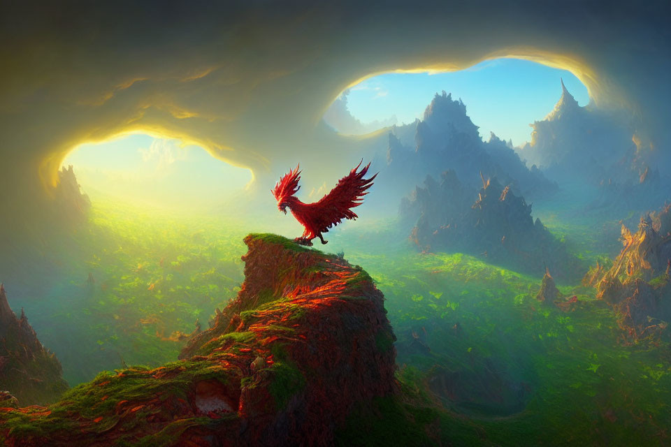 Red Phoenix Perched on Cliff Against Mystical Mountain Sunset