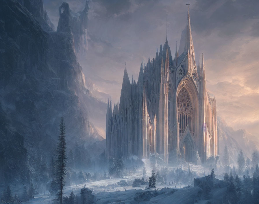 Majestic cathedral with tall spires and mountains in hazy light