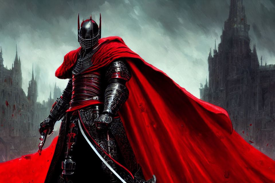 Black-armored knight with red cape at gothic castle.