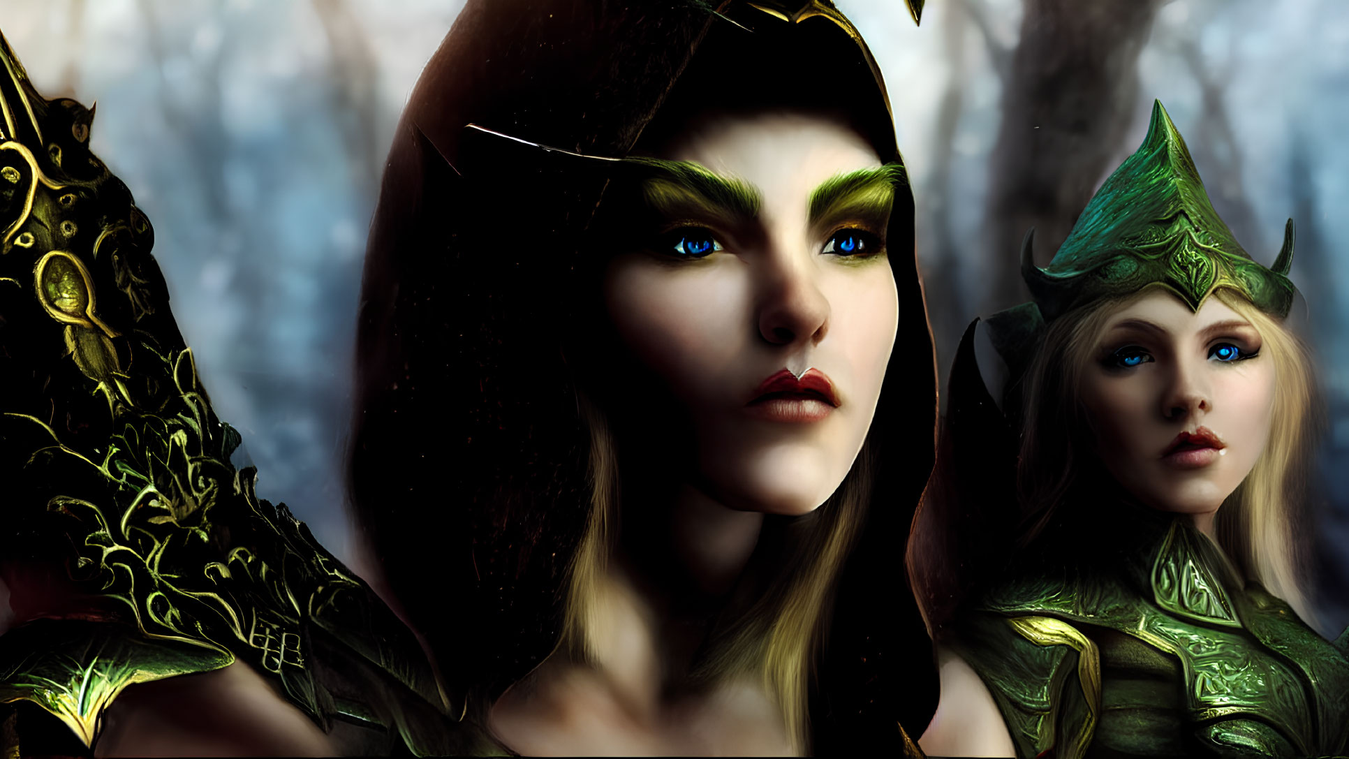 Two female elves in ornate armor with blue eyes in misty forest.