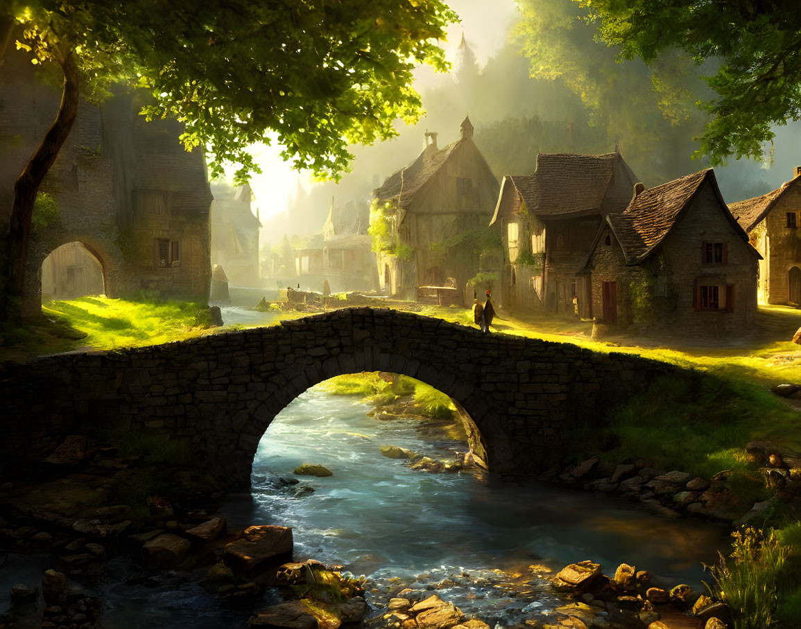 Tranquil village scene with stone bridge, stream, traditional houses, and lush greenery