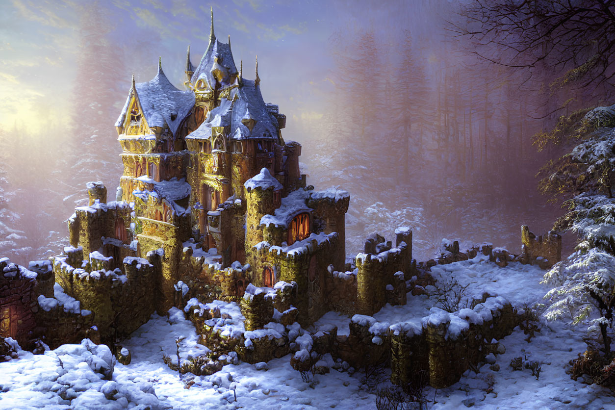 Snow-covered castle in wintery forest at sunset.