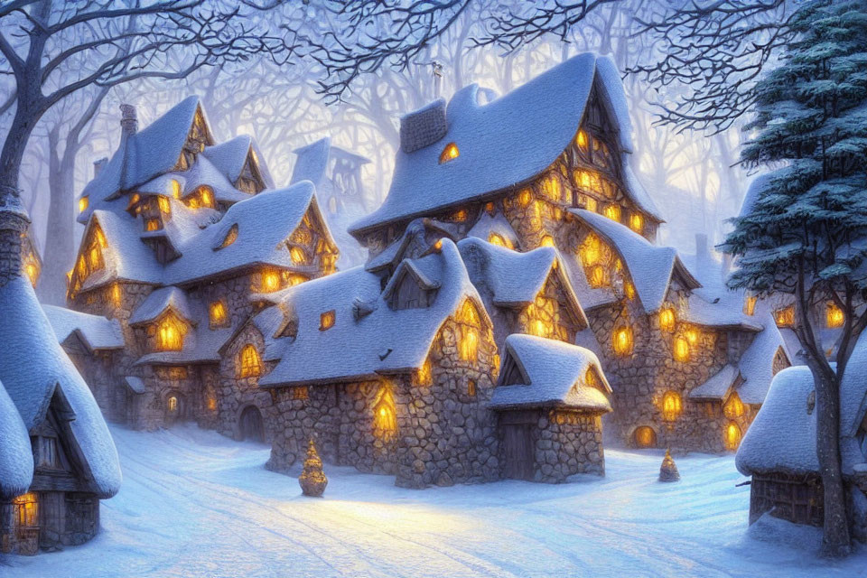 Snow-covered stone houses in serene winter forest twilight