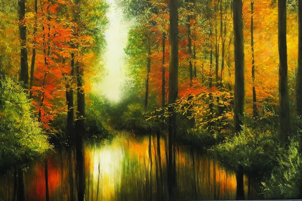 Tranquil forest painting with vibrant autumn colors and calm stream