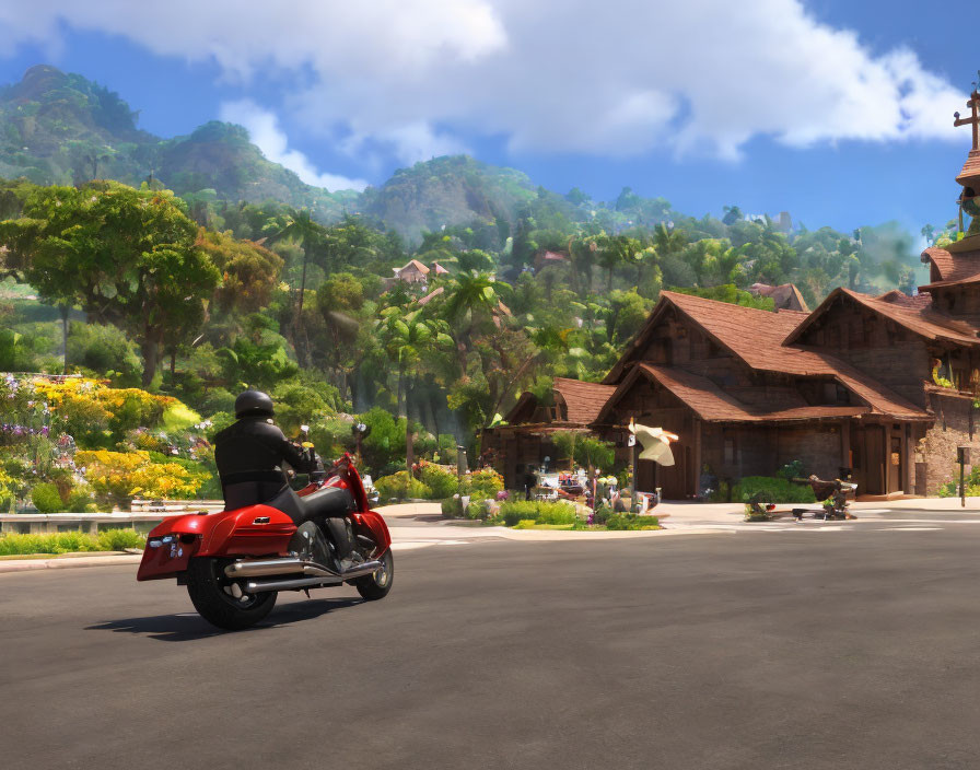 Person riding red motorcycle in picturesque village with lush greenery and traditional houses.