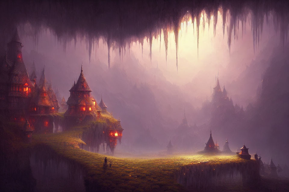 Ethereal landscape with fantasy structures and stalactites in mystic twilight