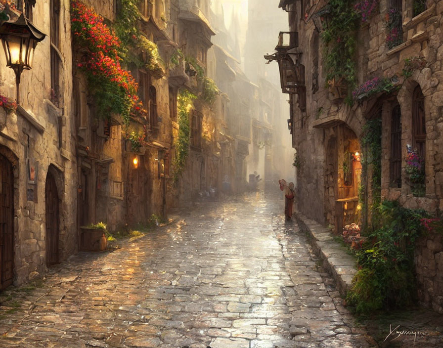 Historical old town: cobblestone street, colorful flowers, warm lighting, distant figure