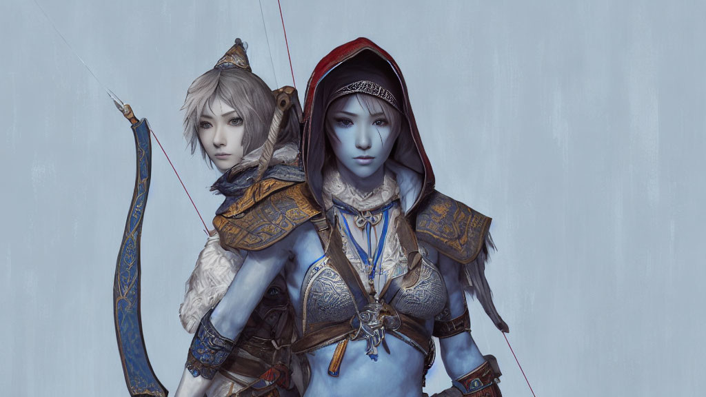 Two female characters in medieval fantasy attire with bow and hood, on pale backdrop