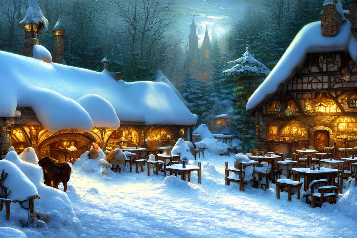 Snow-covered cottages, castle, and horse-drawn sleigh in winter village