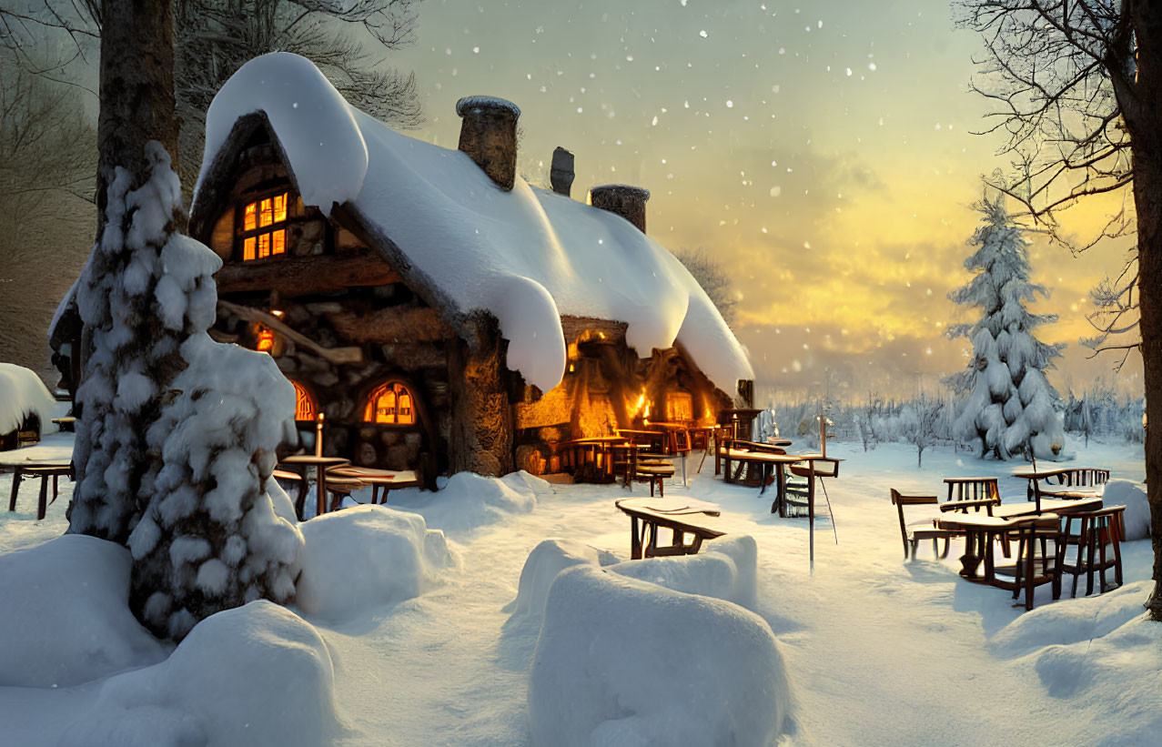 Snow-covered cottage with warm light at dusk surrounded by snowy trees