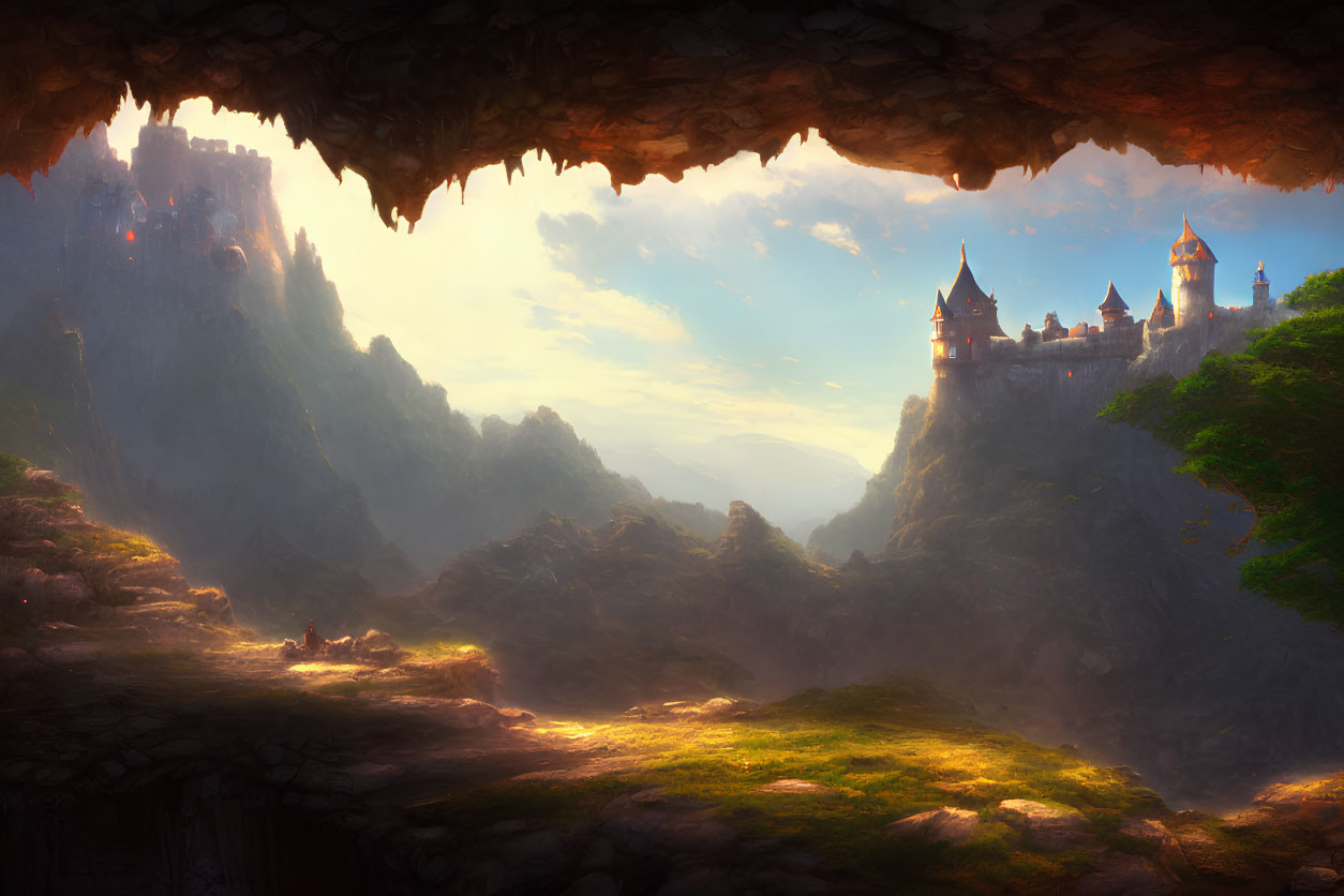 Mystical landscape with castle on cliffs and sunbeams filtering through clouds