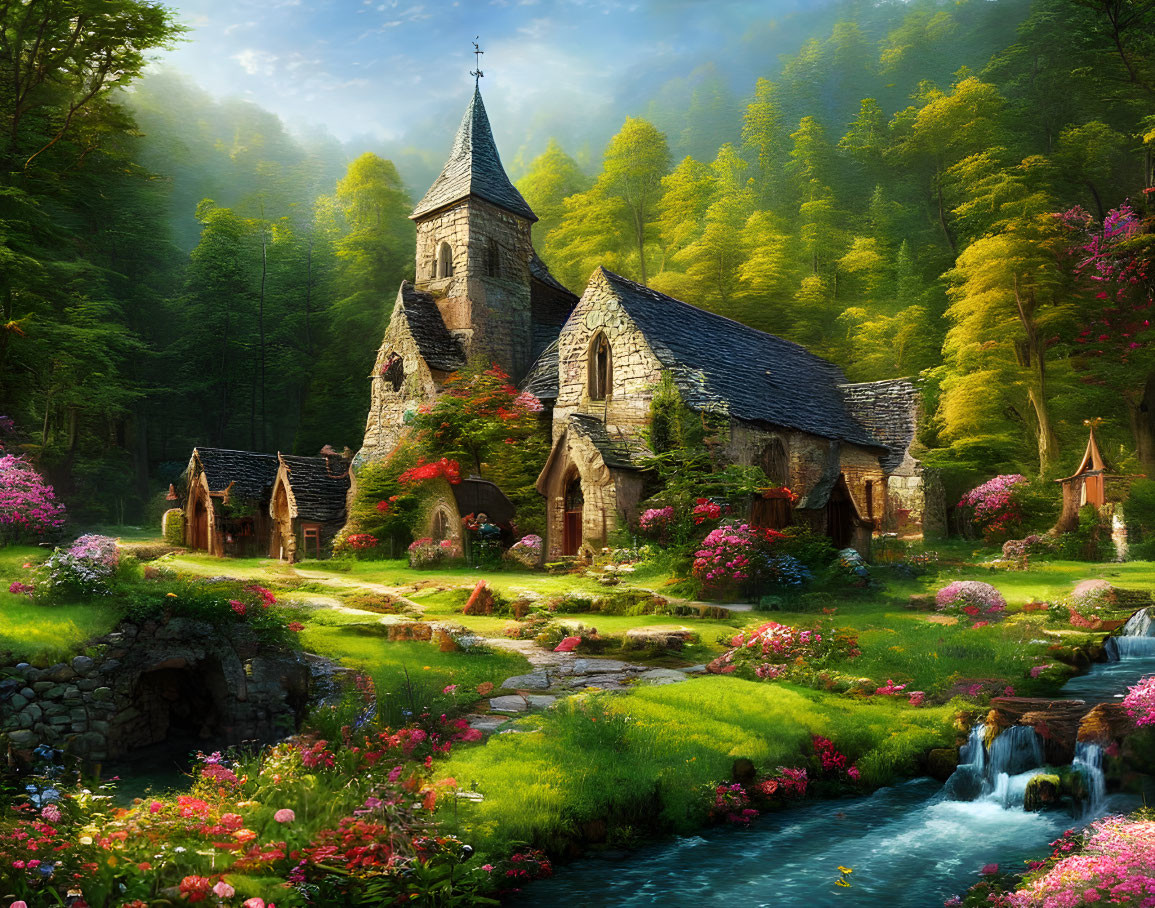 Stone church with spire in lush greenery and flowers by serene stream and waterfalls in forest canopy