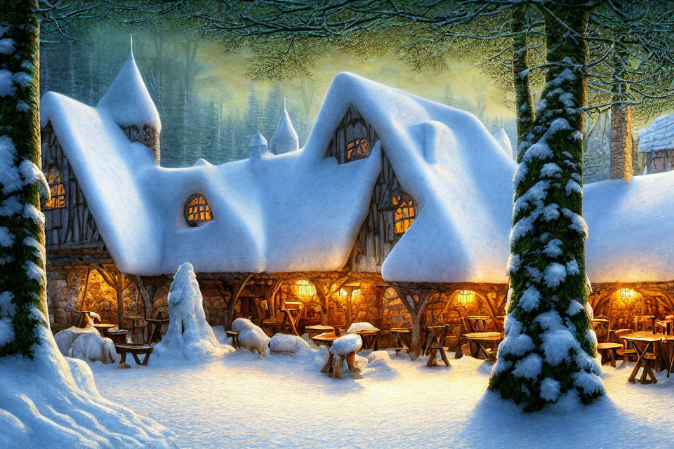 Snow-covered cottage in winter forest with illuminated windows and pine trees