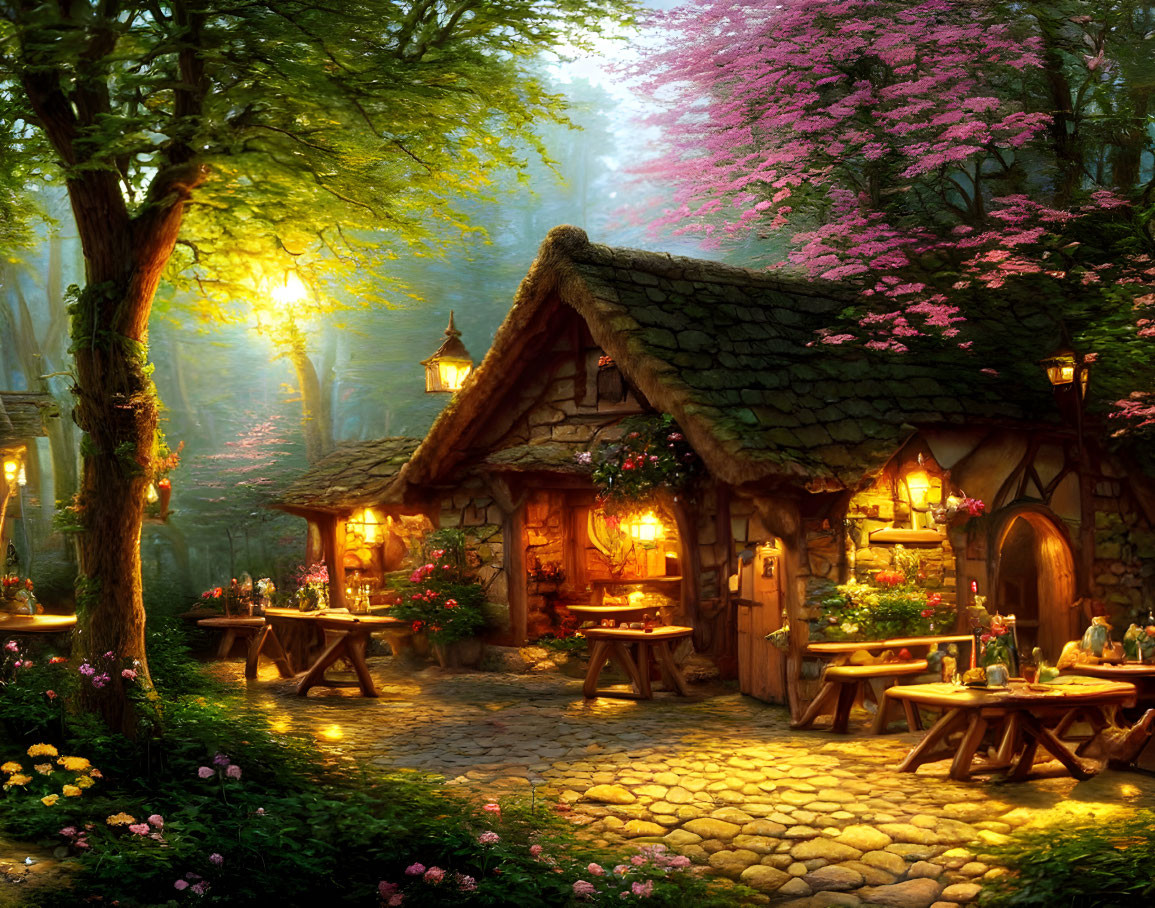 Tranquil sunset forest with cottage, lanterns, and blooming trees