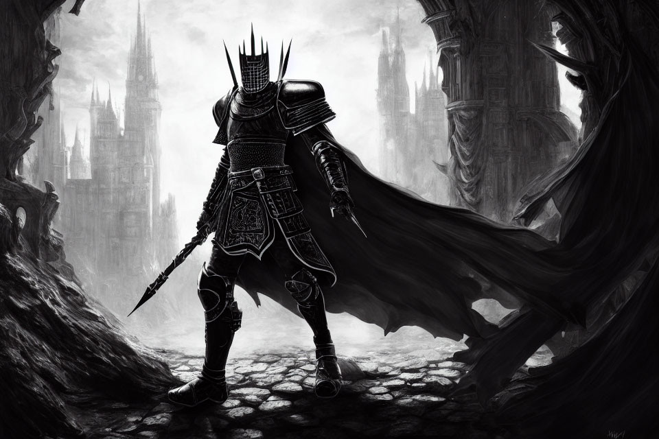 Monochrome artwork of armored knight with long sword in eerie gothic landscape