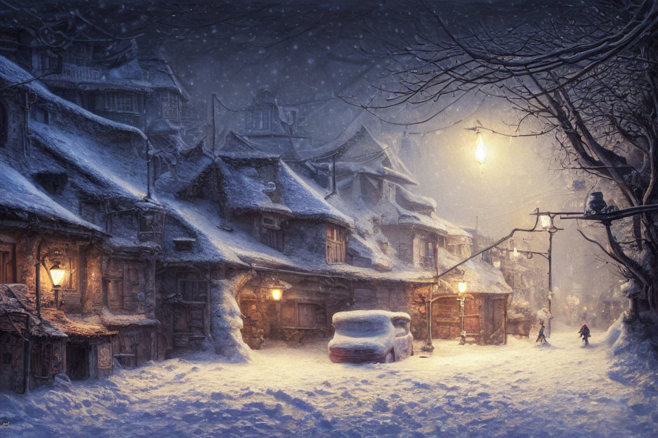 Snowy village at dusk: Warmly lit windows, snow-covered rooftops, person walking under street