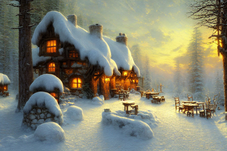 Tranquil snow-covered cottage in forest at dusk