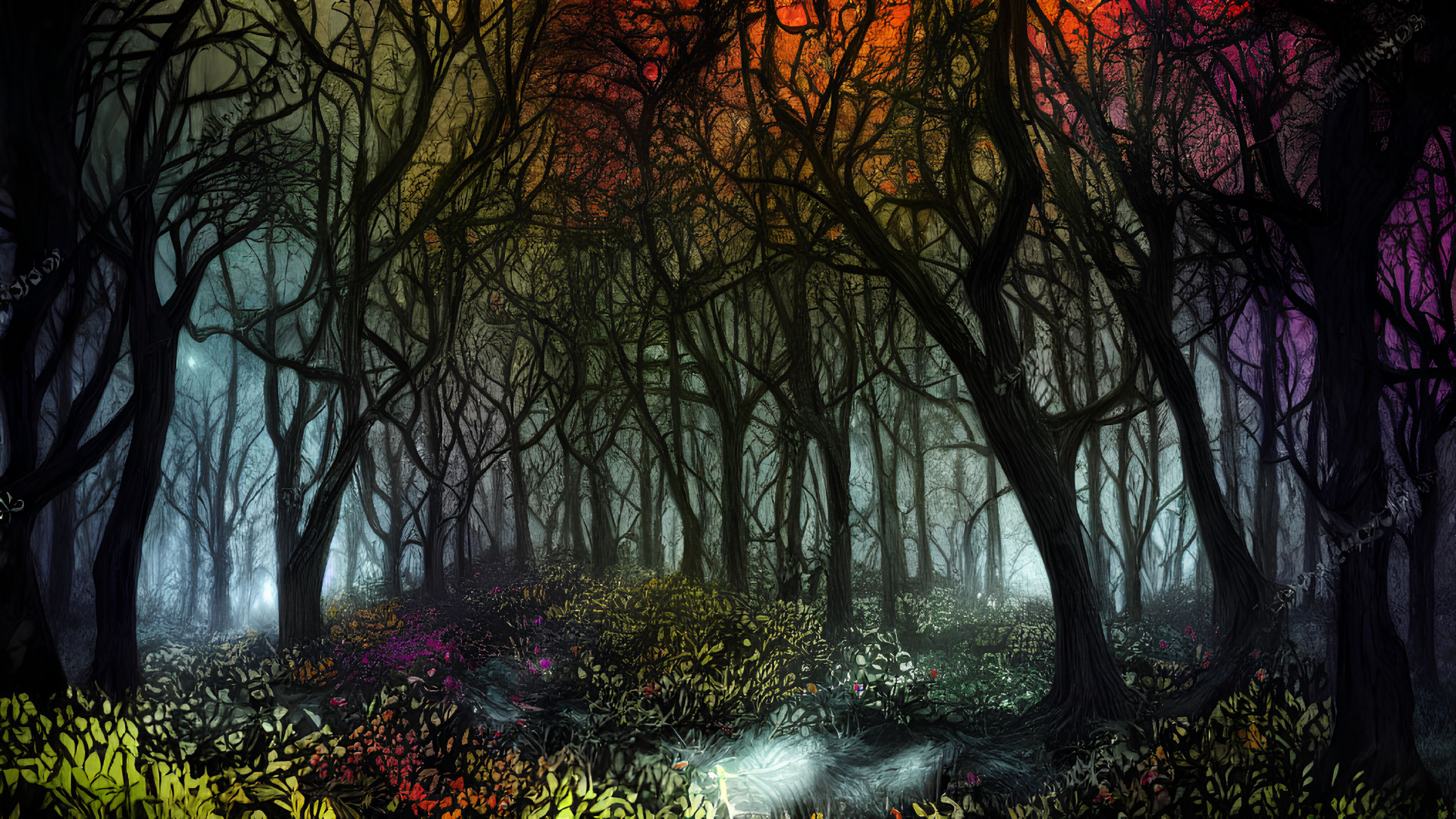 Colorful Lighting in Mystical Forest with Intertwining Tree Branches