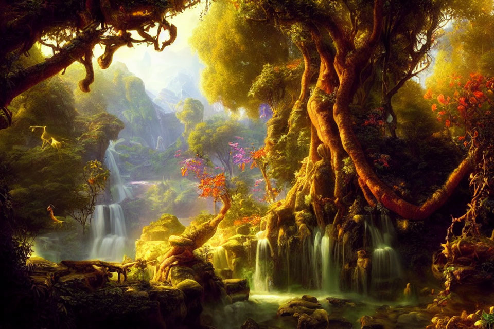 Mystical forest with vibrant foliage and waterfalls