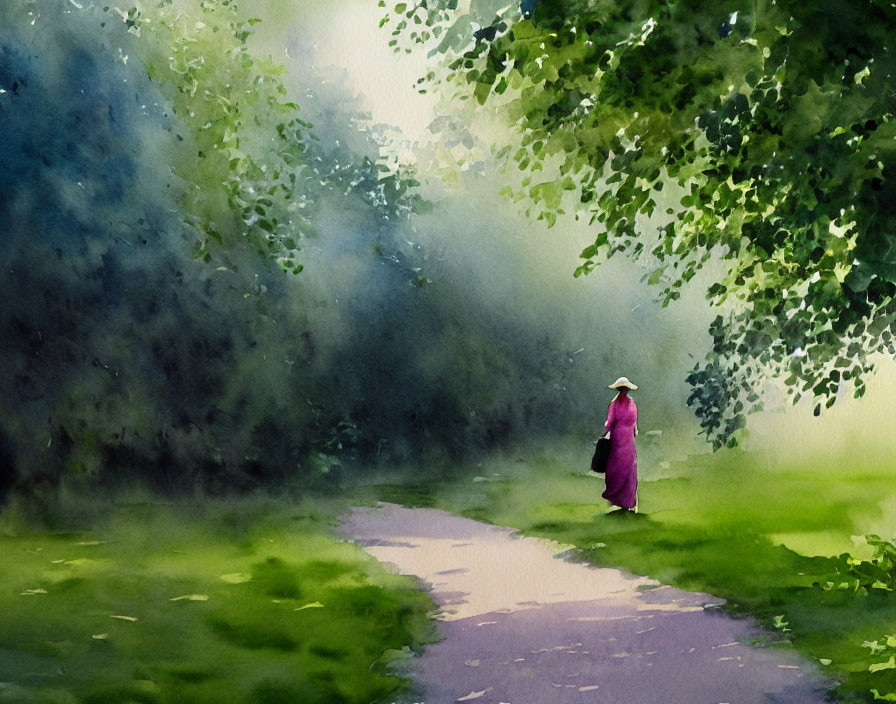 Person in Pink Robe Walking Down Misty Pathway in Tranquil Watercolor Painting