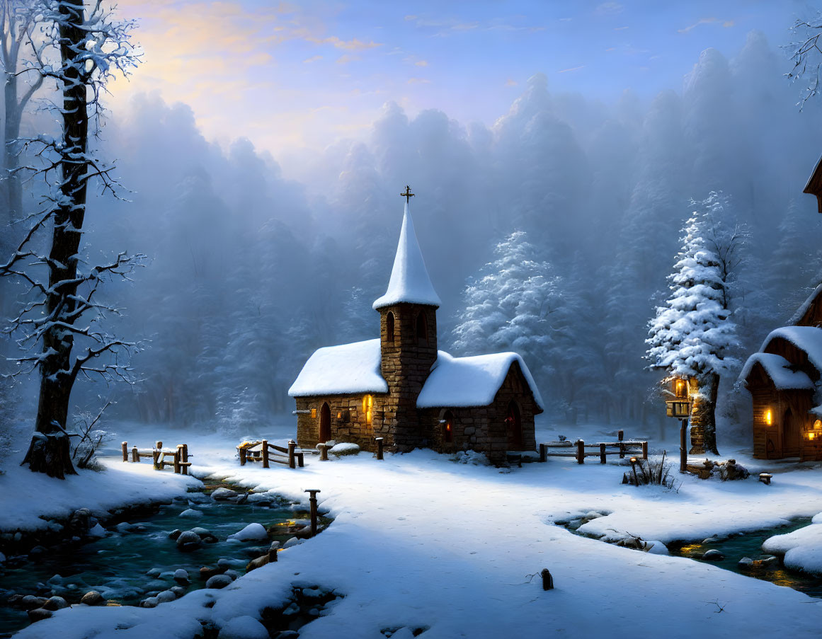 Snow-covered stone church and cottage in serene winter dusk scene