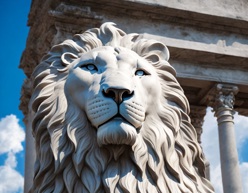 Detailed White Lion Sculpture with Blue Sky and Classical Column