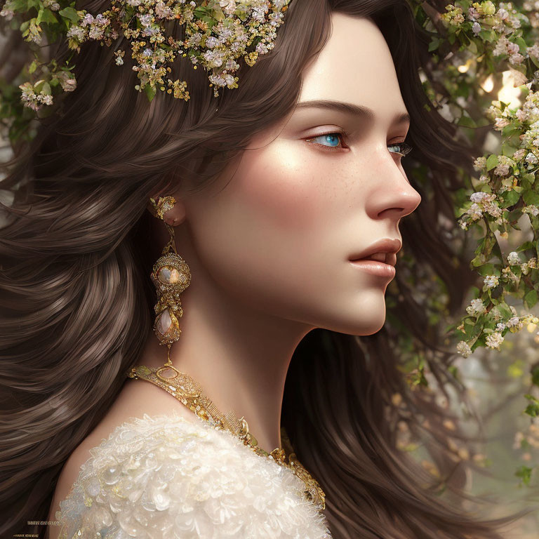 Portrait of Woman with Blue Eyes, Brown Hair, Blossoms, White Dress, and Golden Earrings