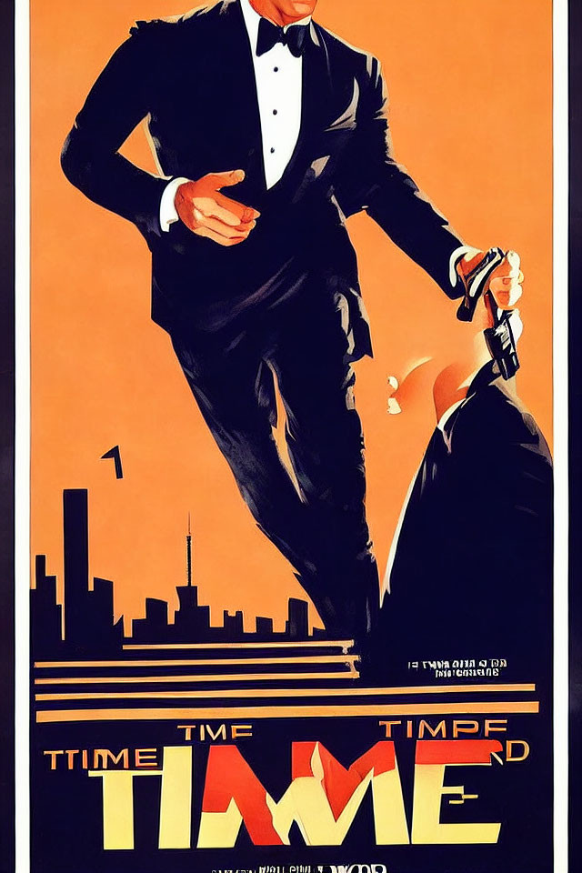 Vintage Poster: Stylized Man in Tuxedo Adjusting Cufflink with Bold "TIME