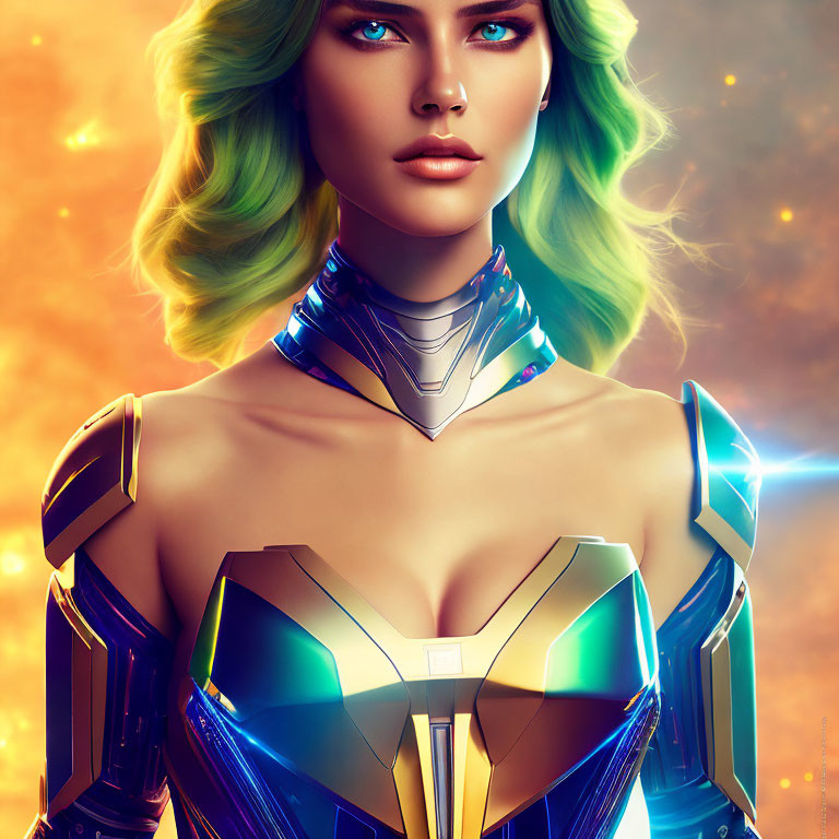 Vibrant green hair woman in futuristic armor on fiery orange backdrop