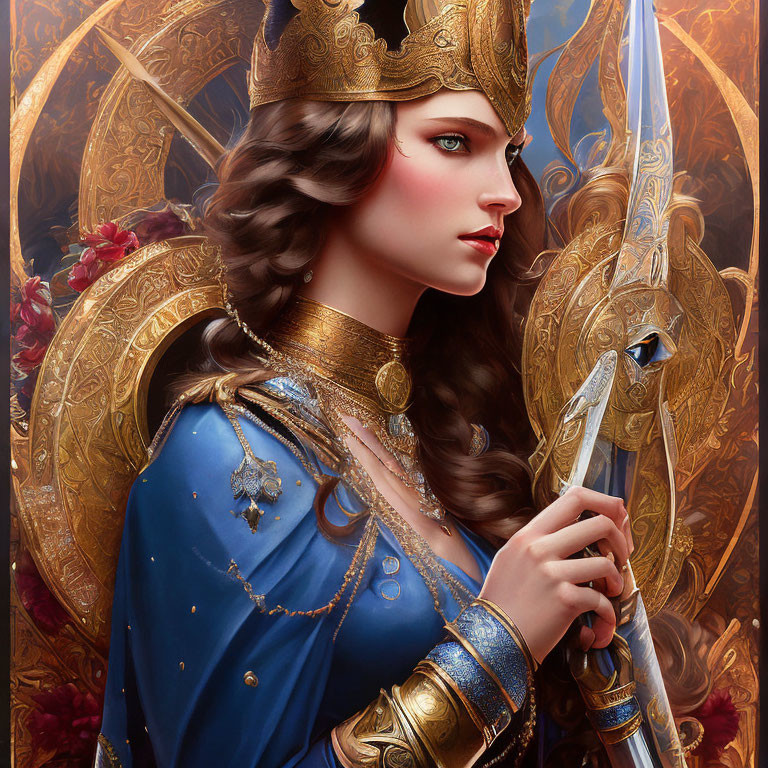 Regal woman in blue and gold armor with silver sword