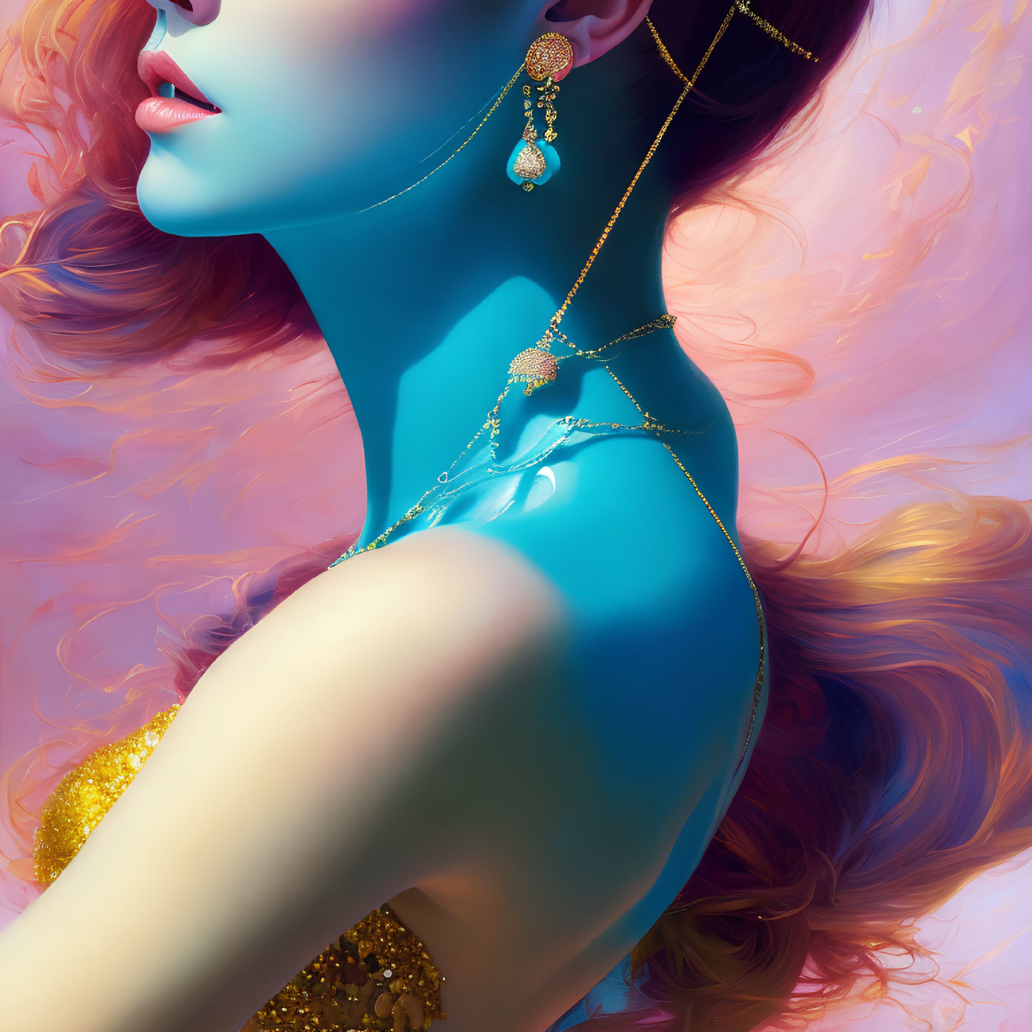 Vibrant portrait of a woman with blue skin and red hair in gold jewelry