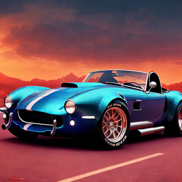 Blue Classic Sports Car with White Racing Stripes Against Red and Orange Sky