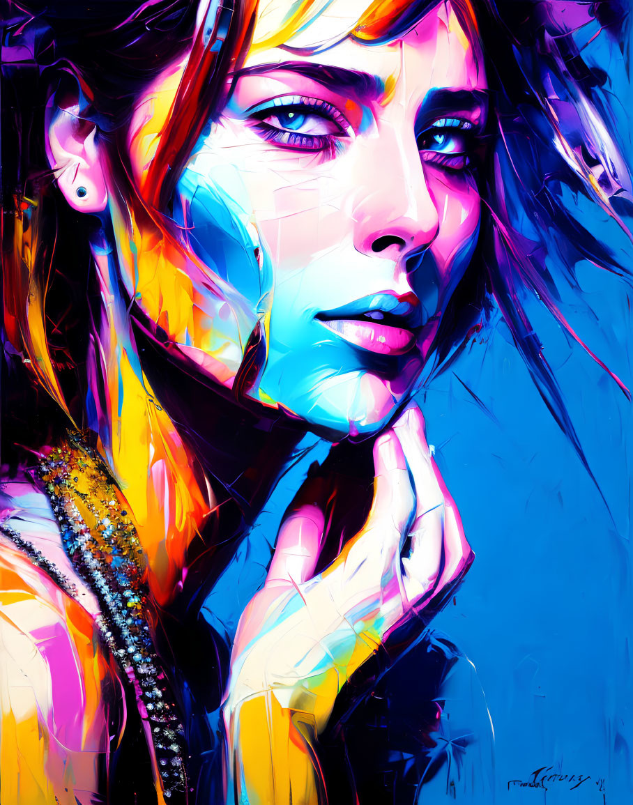 Colorful digital portrait of a woman with striking blue eyes