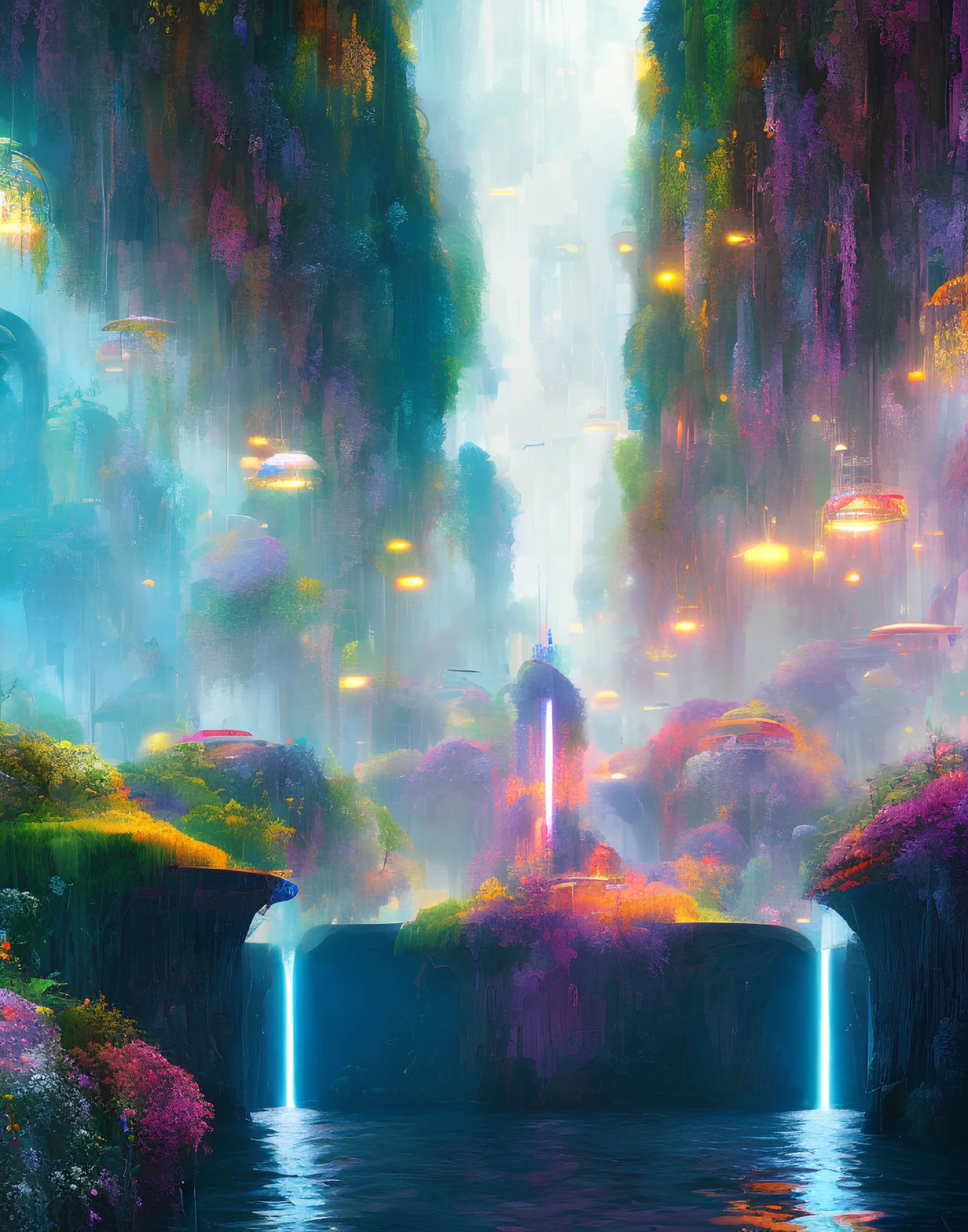 Fantasy landscape with lush vegetation, waterfalls, and glowing lights