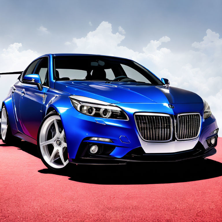 Blue sports car with custom front grille on red carpet under bright sky