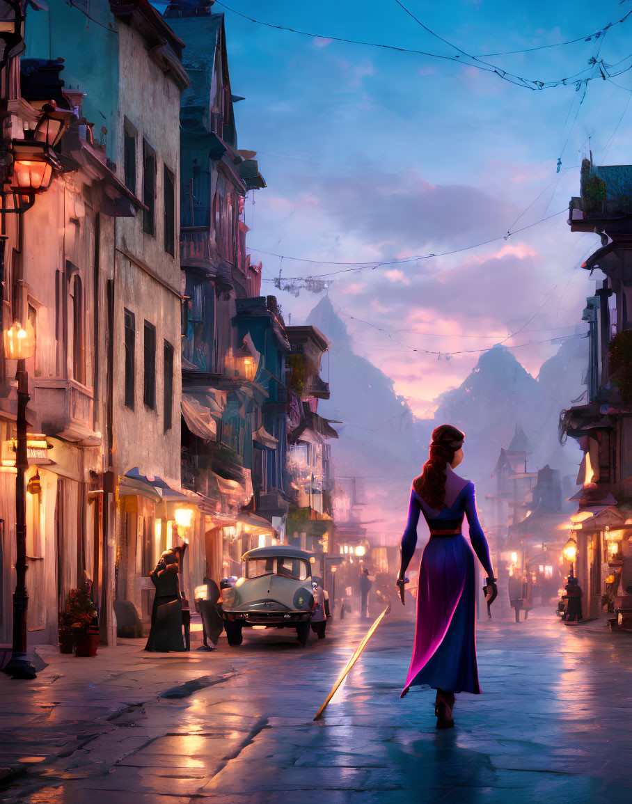 Woman in Purple Dress Strolling on Cobblestone Street at Dusk