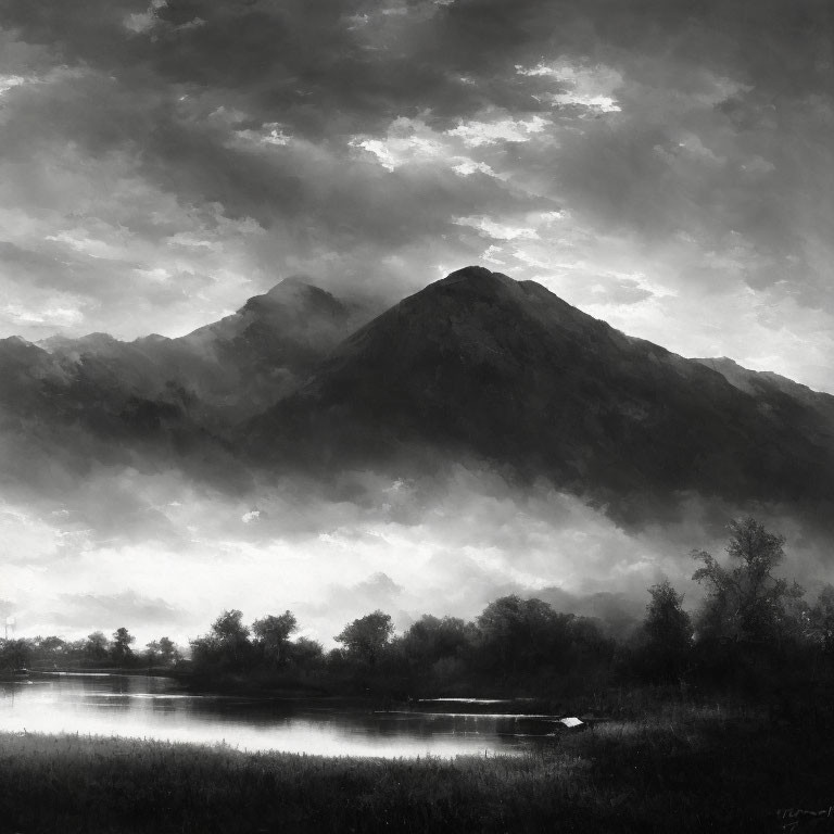 Monochrome landscape of misty mountain, lake, and boat