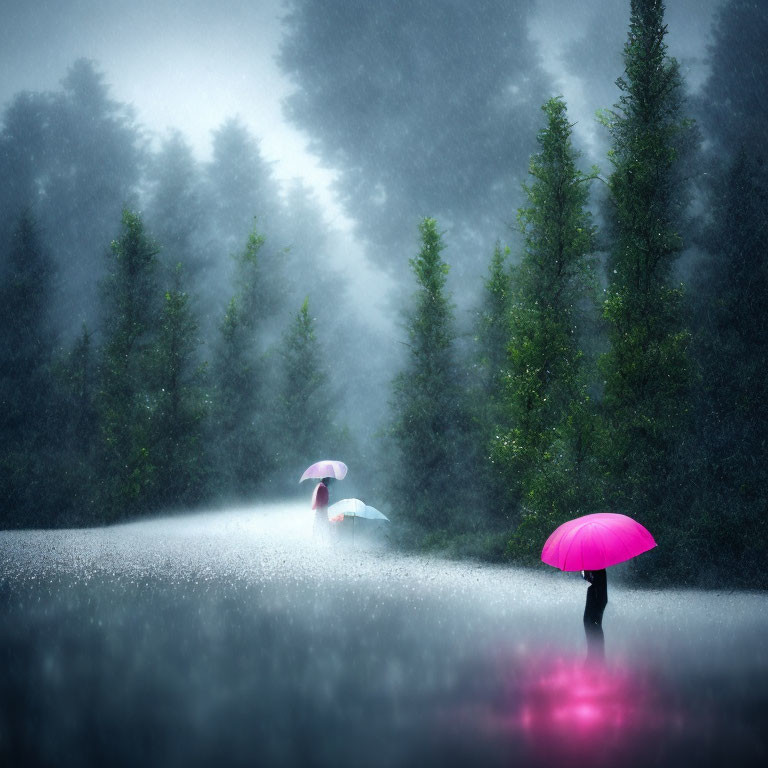 Colorful Umbrellas Walking on Misty Road Surrounded by Green Trees in Rainy Ambiance