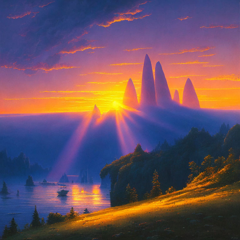 Colorful sunset with sun rays through rock spires over lush landscape and sailing boats