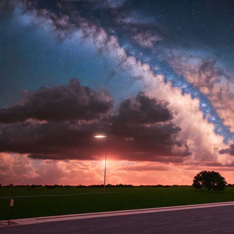 Streetlight illuminates road at twilight with Milky Way galaxy and dark clouds overhead