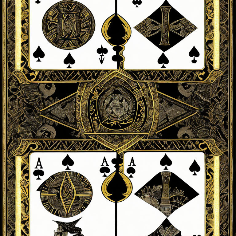 Intricate black and gold playing cards with ace and suit designs