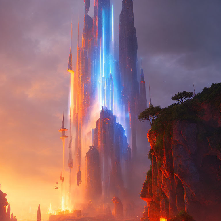 Fantastical landscape with glowing spires and dramatic clouds