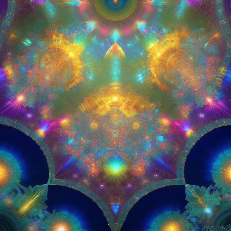 Symmetrical Fractal Art with Blue and Gold Kaleidoscopic Patterns