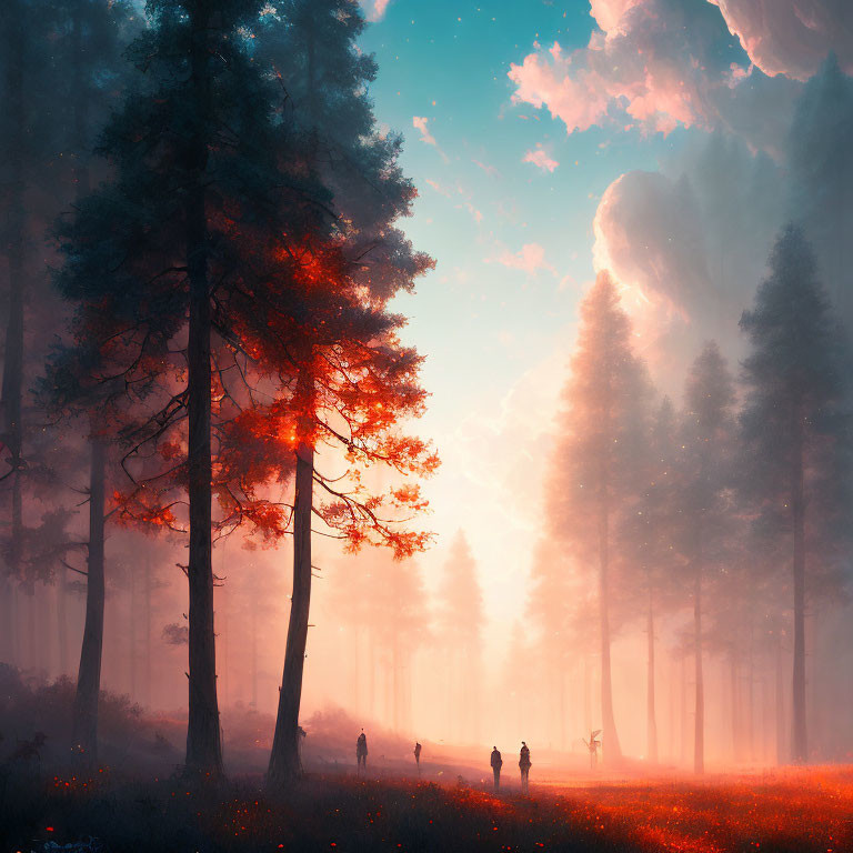 Mystical forest sunset with tall trees and dreamlike mist