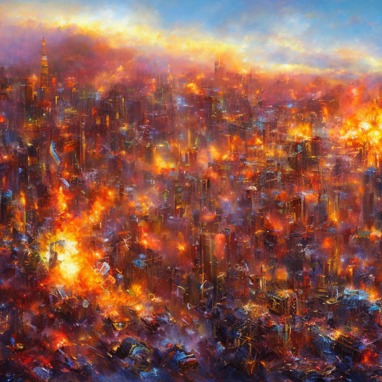 Dystopian city painting with flames and smoky skies