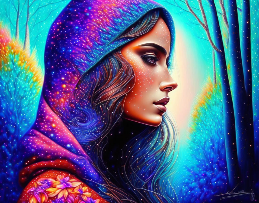 Colorful profile portrait of woman with cosmic hood in blue forest landscape