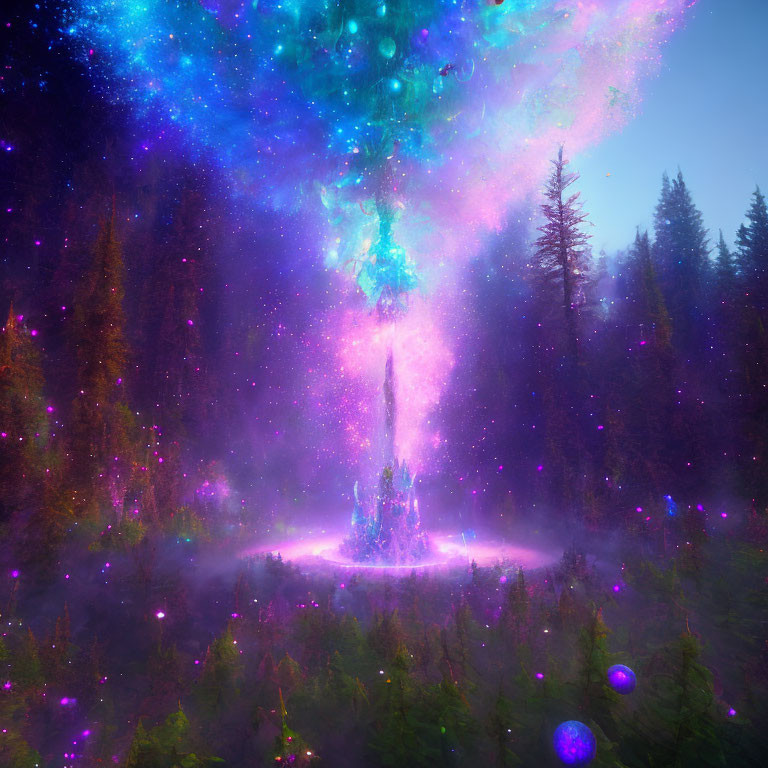 Mystical forest with purple and blue light, starry nebula, glowing energy column