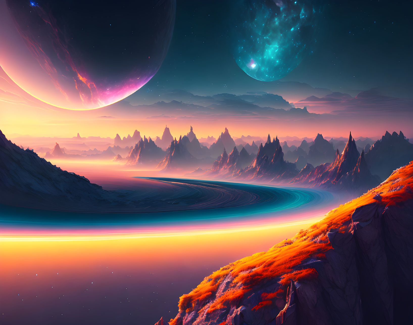 Sci-fi landscape with river, alien terrain, orange foliage, and dual celestial bodies