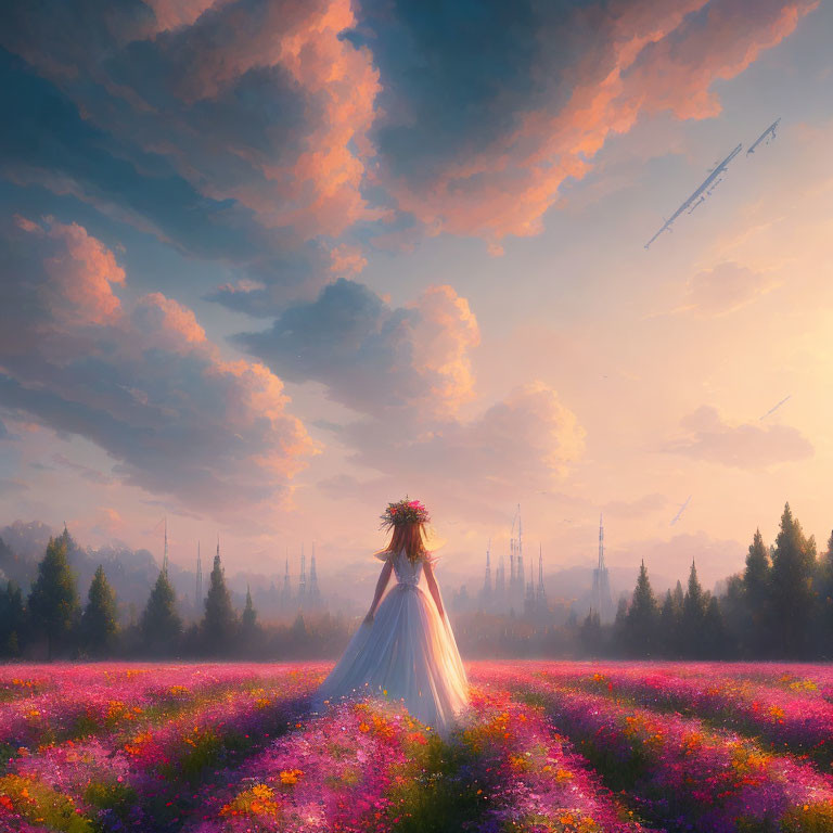 Bride in flower field at sunset with whimsical flower crown and dreamy sky