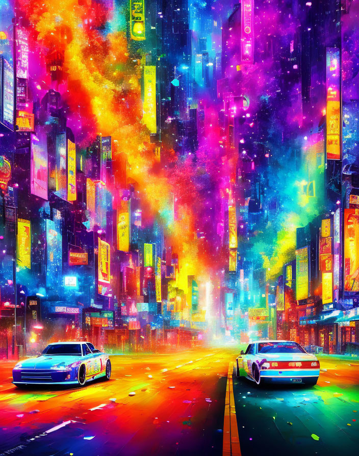 Colorful neon-lit cityscape with futuristic cars and starry sky